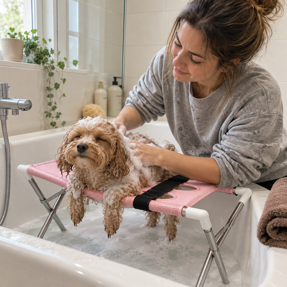 Small dog relaxing in the PupSpa bath hammock
